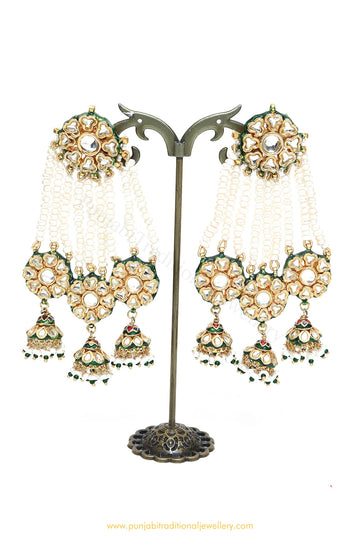 Gold Finished Semi Precious Pearl Kundan Earrings by PTJ
